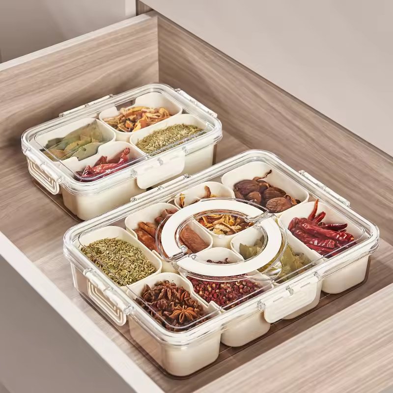 storage box Food grade 8-panel clear seasoning box with handle refrigerator crisper Lid And Handle Spices Storage Container