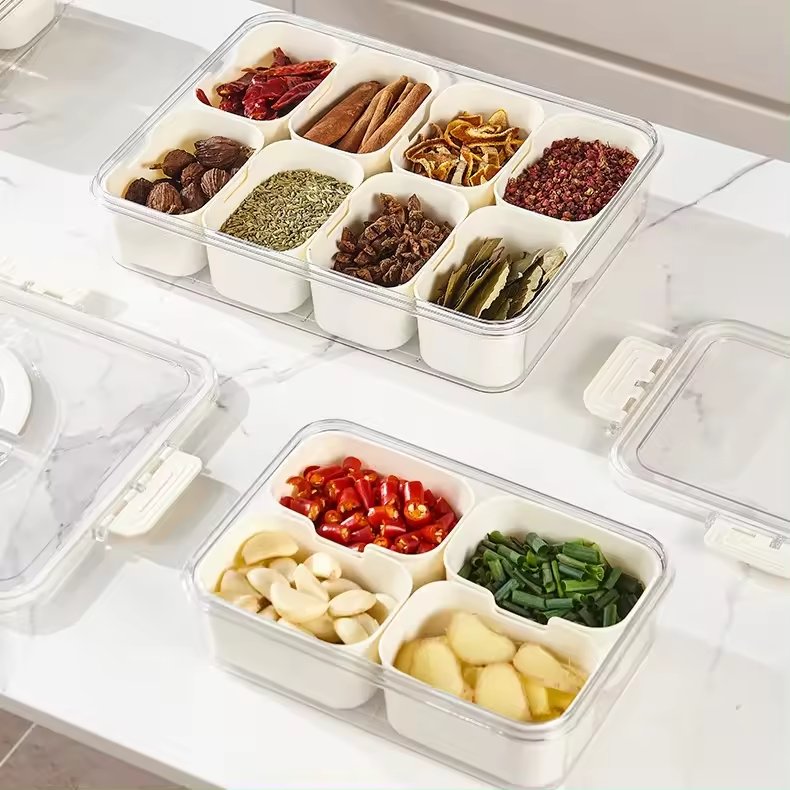 storage box Food grade 8-panel clear seasoning box with handle refrigerator crisper Lid And Handle Spices Storage Container