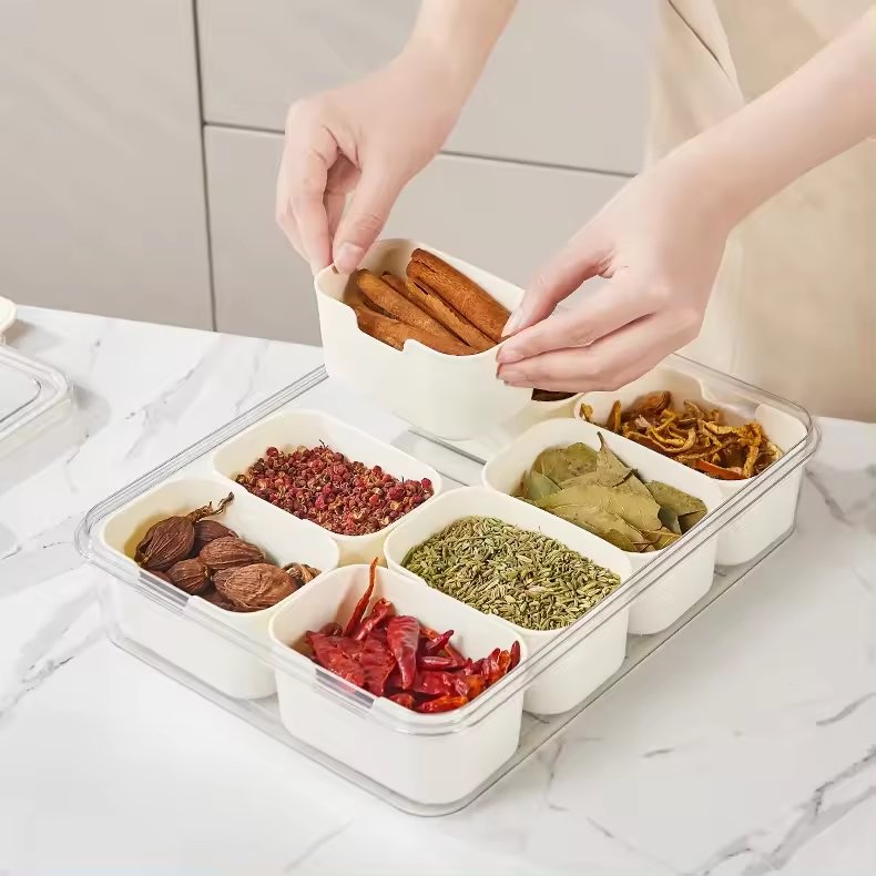 storage box Food grade 8-panel clear seasoning box with handle refrigerator crisper Lid And Handle Spices Storage Container