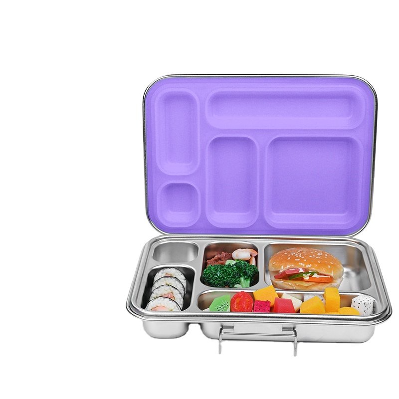 wholesale food storage custom 5 compartment silicone lid stainless steel bento lunch box for school with nylon buckle