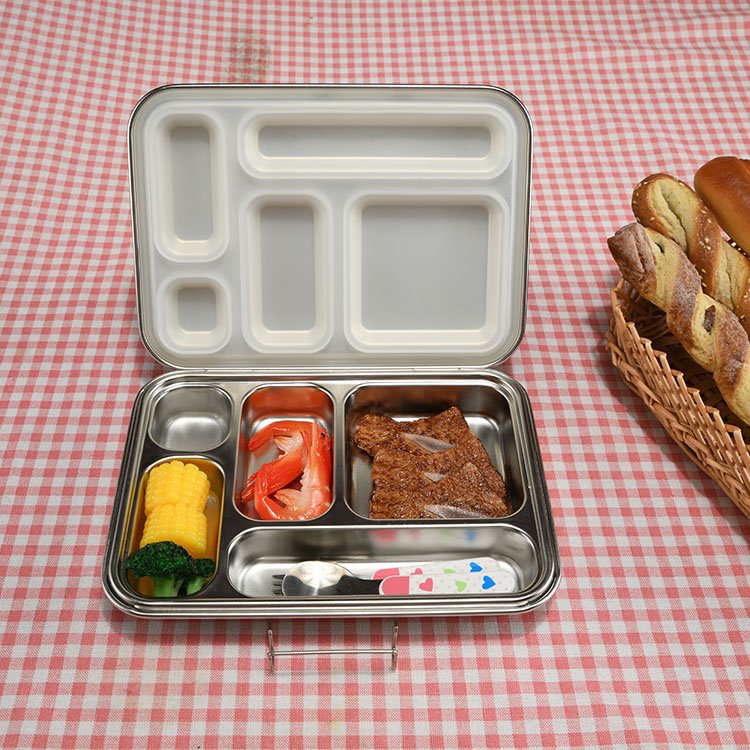 wholesale food storage custom 5 compartment silicone lid stainless steel bento lunch box for school with nylon buckle