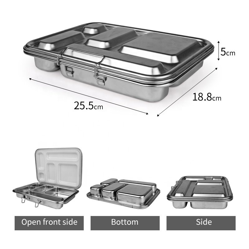 wholesale food storage custom 5 compartment silicone lid stainless steel bento lunch box for school with nylon buckle
