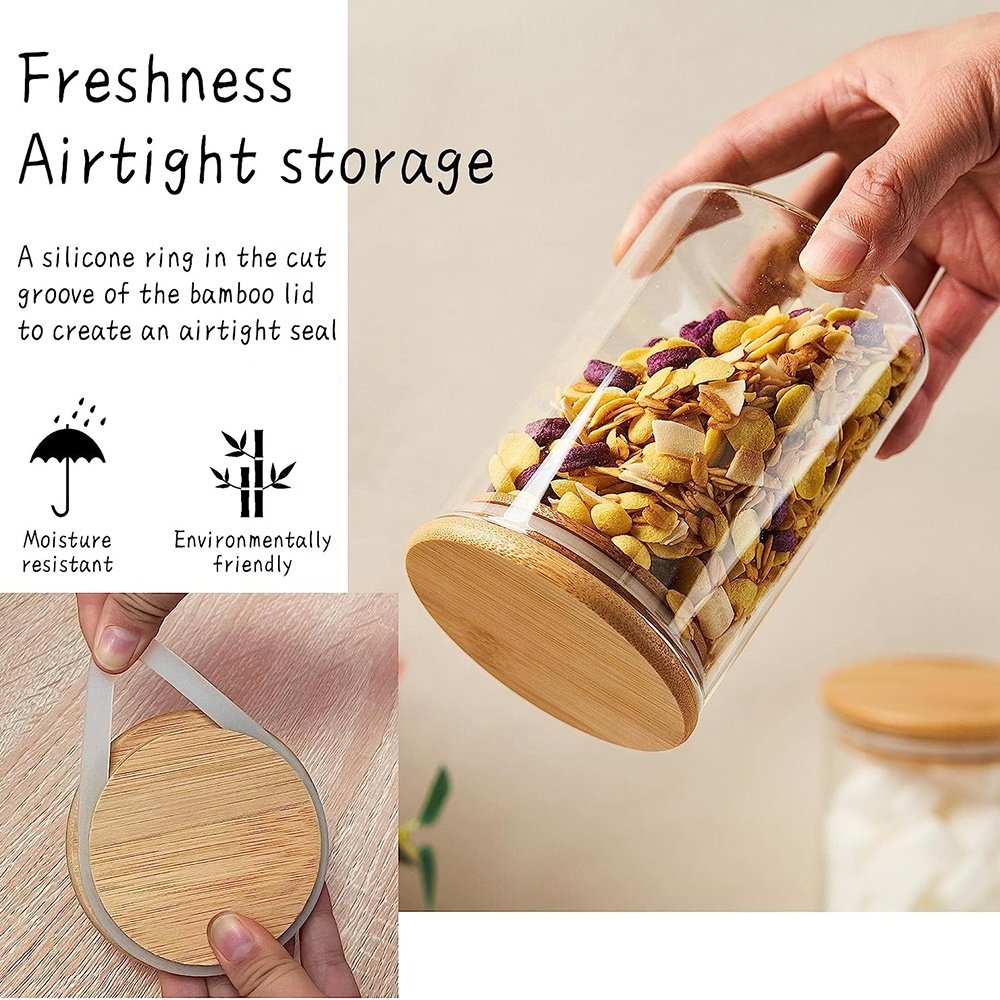 Custom Glass Spice Jar Food Canister Overnight Oats Storage Containers Seasoning Condiment Jars with Bamboo Lids and Spoons