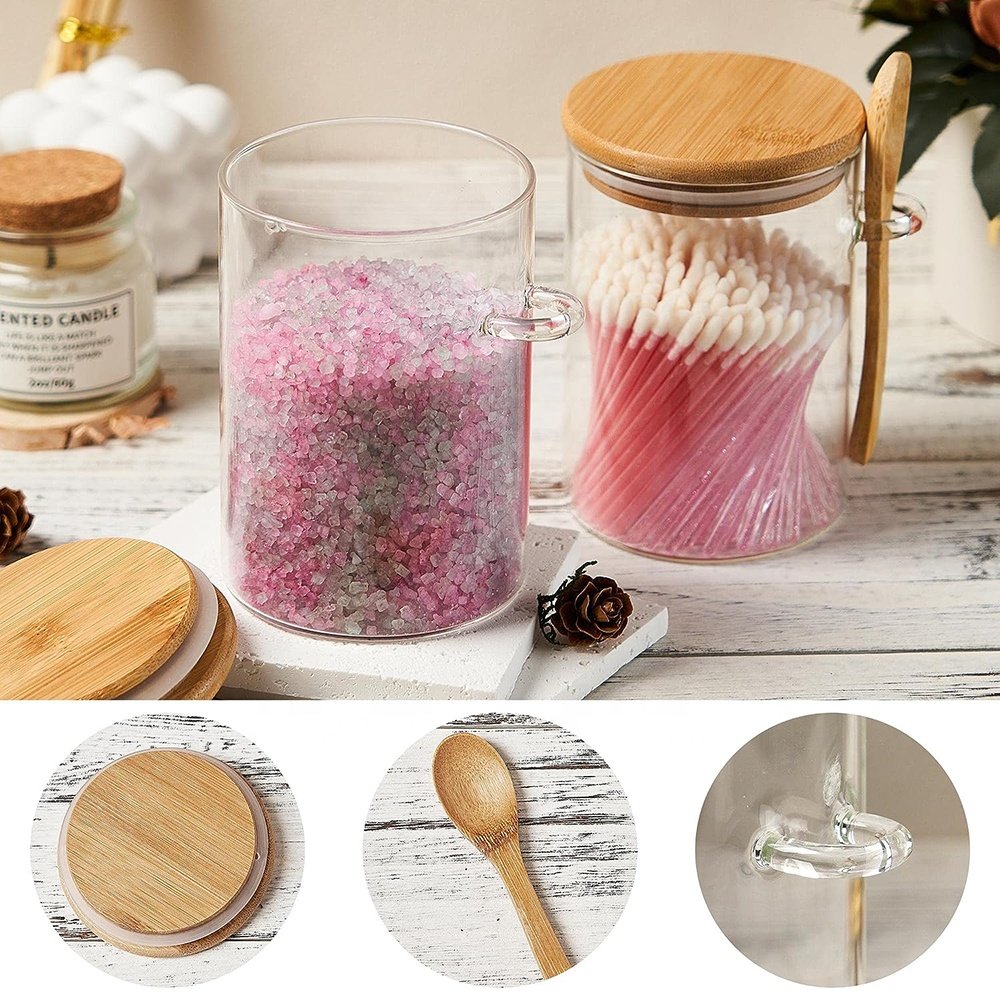 Custom Glass Spice Jar Food Canister Overnight Oats Storage Containers Seasoning Condiment Jars with Bamboo Lids and Spoons