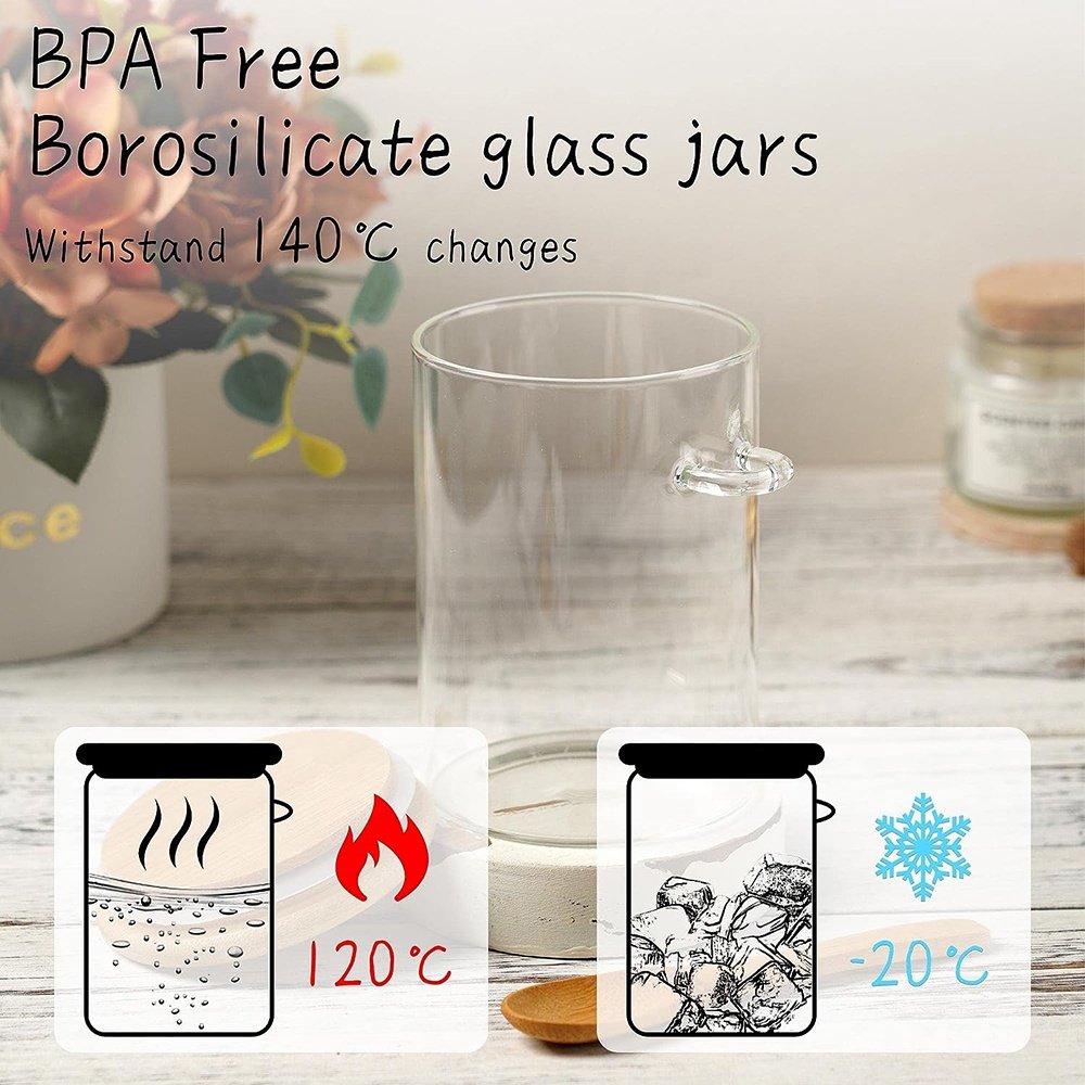 Custom Glass Spice Jar Food Canister Overnight Oats Storage Containers Seasoning Condiment Jars with Bamboo Lids and Spoons