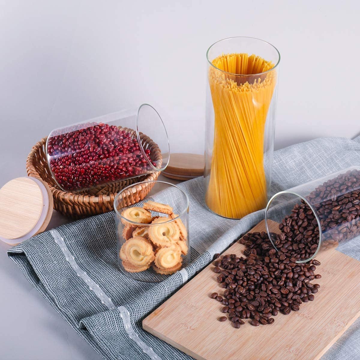Glass Storage Jars with Sealed Bamboo Lids,Clear Glass Bulk Food Storage Canister for Serving Tea, Coffee, Spice, Candy, Cookie