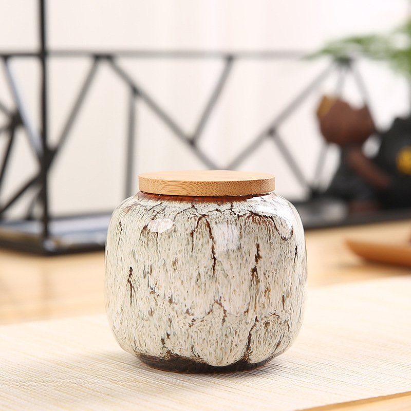 food grade round kitchen spice tea tins 14oz sublimation amber vacuum air tight sets bottles ceramic storage jar bamboo lid