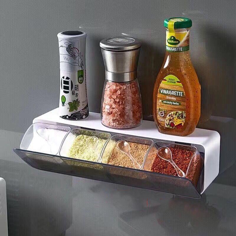 New Innovative Product Plastic Wall Mounted Seasoning Organizer Box Set Four Grid Kitchen Spice Container For Salt Pepper Herbs