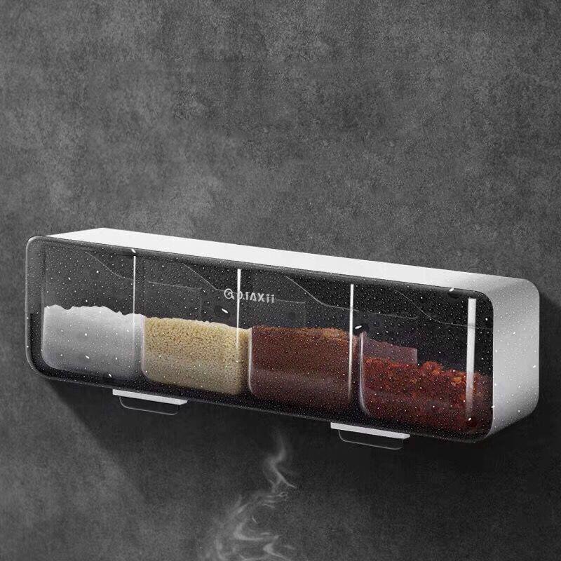New Innovative Product Plastic Wall Mounted Seasoning Organizer Box Set Four Grid Kitchen Spice Container For Salt Pepper Herbs