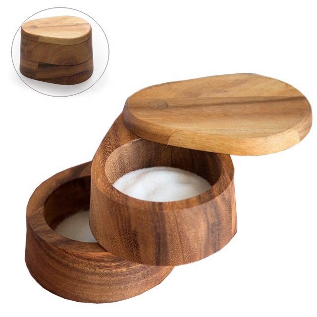 Bamboo Wood Double Swivel Salt Cellar With Magnetic Lid For Secure Strong Storage Salt, Spices, Herbs, Seasoning & More