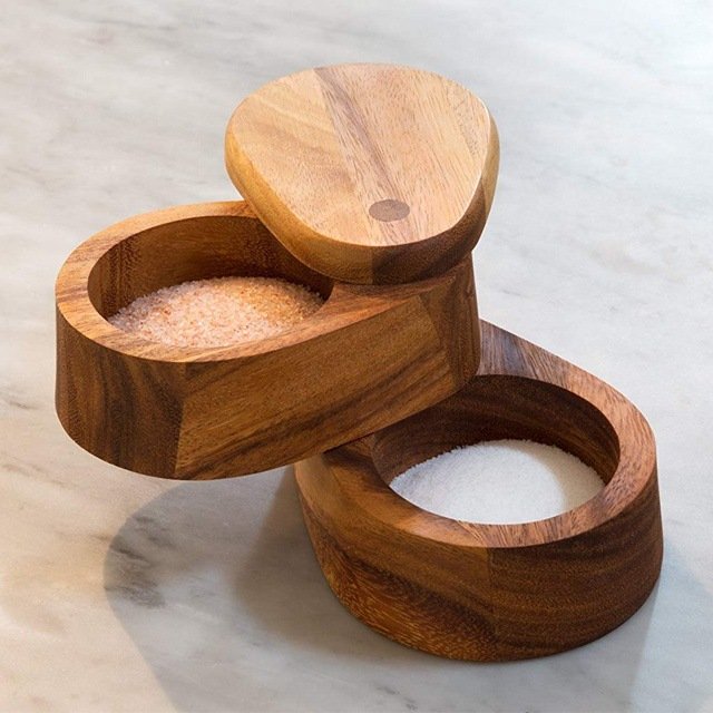 Bamboo Wood Double Swivel Salt Cellar With Magnetic Lid For Secure Strong Storage Salt, Spices, Herbs, Seasoning & More