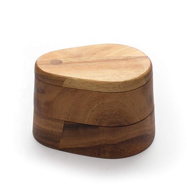 Bamboo Wood Double Swivel Salt Cellar With Magnetic Lid For Secure Strong Storage Salt, Spices, Herbs, Seasoning & More