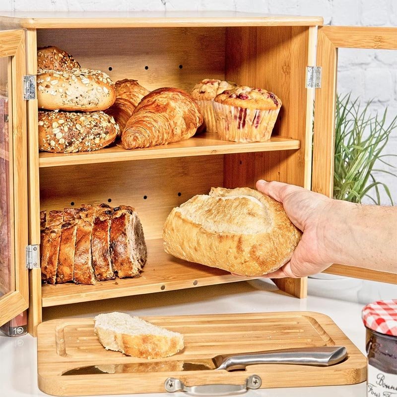 Food Storage Extra Large Container Double Layer Kitchen Use Bread Storage Box Wood Bread Box with Cutting Board Bamboo Bread Box