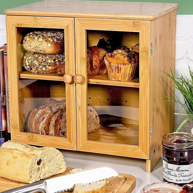 Food Storage Extra Large Container Double Layer Kitchen Use Bread Storage Box Wood Bread Box with Cutting Board Bamboo Bread Box