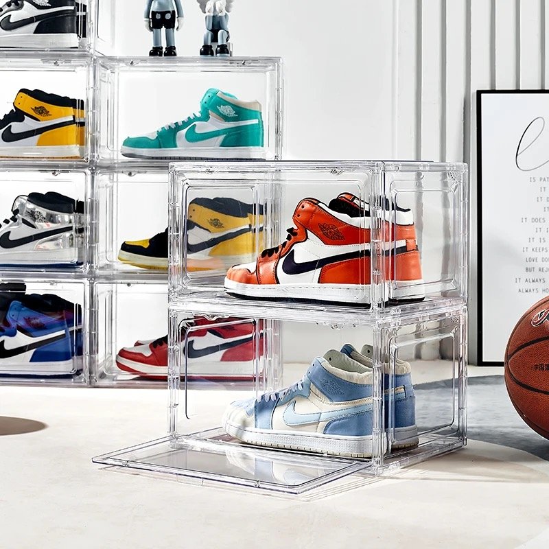 Wholesale Price Transparent Clear Stackable Acrylic Magnetic Plastic Sneaker Sports Shoes Display Organizer Shoe Storage Box