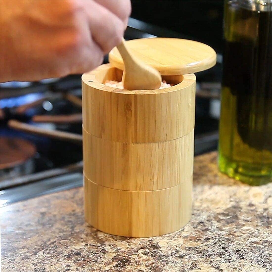 Organic Bamboo Round Spice Kitchen Box Salt And Pepper Seasoning Jar With Spoon And Magnetic Swivel Lids