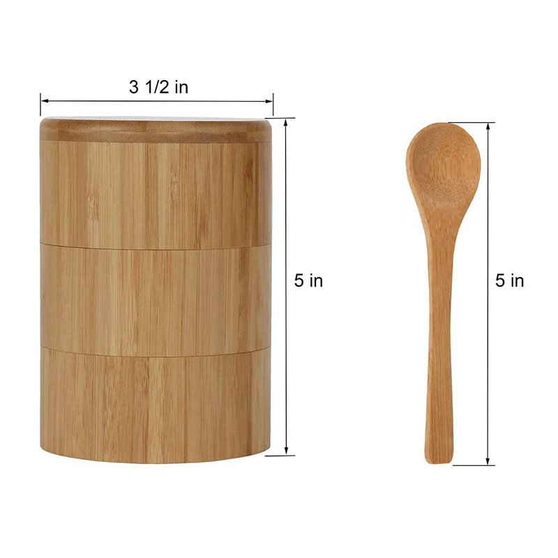 Organic Bamboo Round Spice Kitchen Box Salt And Pepper Seasoning Jar With Spoon And Magnetic Swivel Lids