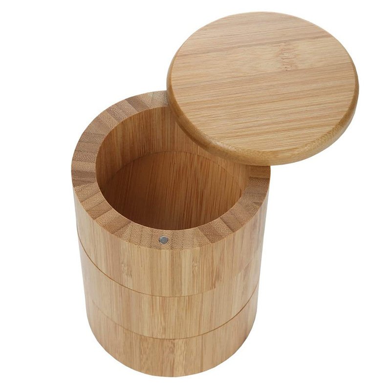 Organic Bamboo Round Spice Kitchen Box Salt And Pepper Seasoning Jar With Spoon And Magnetic Swivel Lids