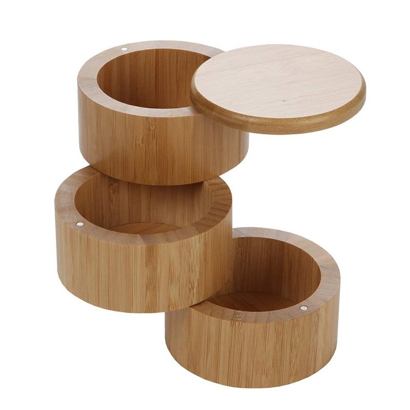 Organic Bamboo Round Spice Kitchen Box Salt And Pepper Seasoning Jar With Spoon And Magnetic Swivel Lids