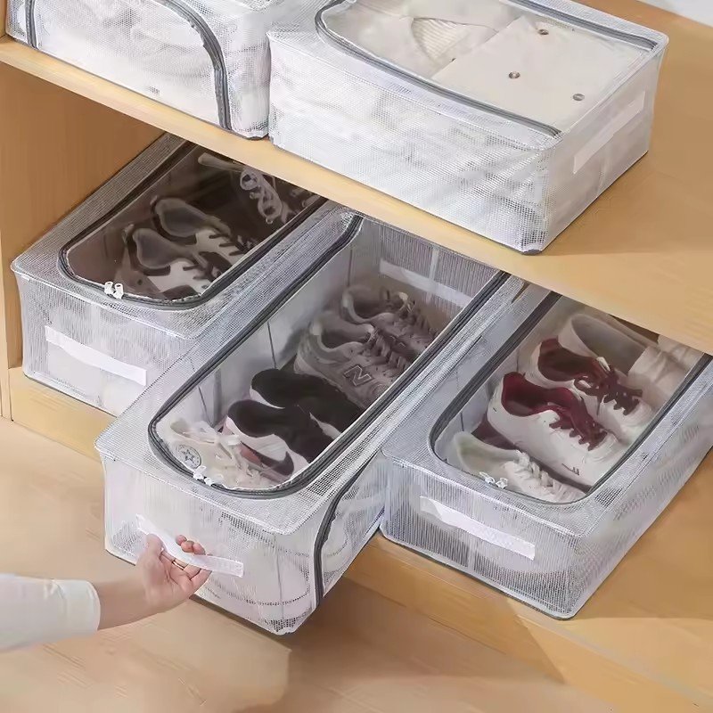 High Quality Mold Prevention Shoes Organizer Bins And Foldable Clear Transparent Shoe Storage Boxes Moisture With Steel Frame