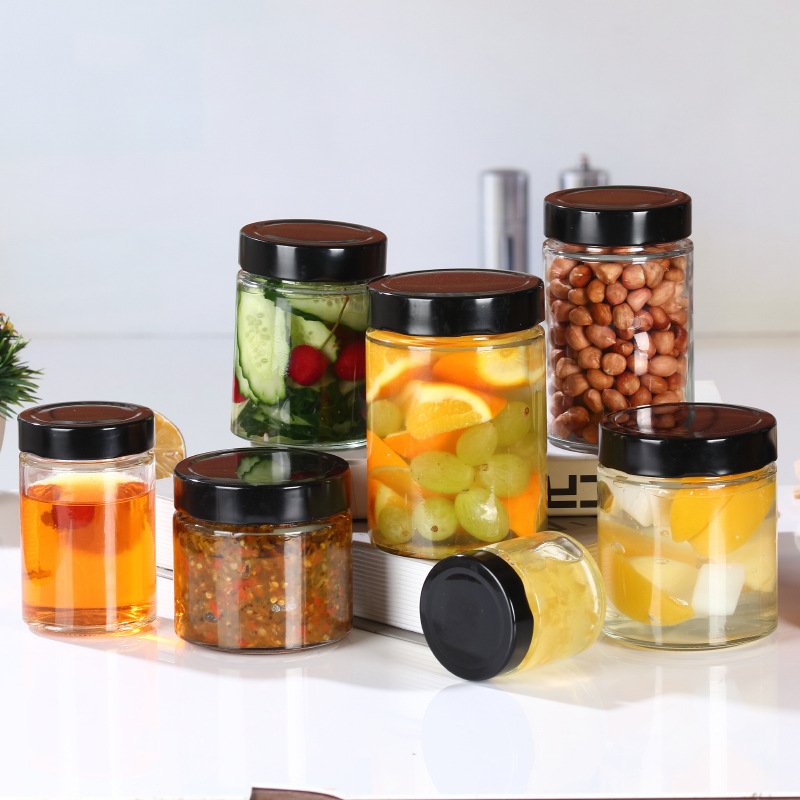 Wide Mouth Food Storage Container Jam Butter Honey Straight Side Glass Jar With Airtight Metal Screw Lid