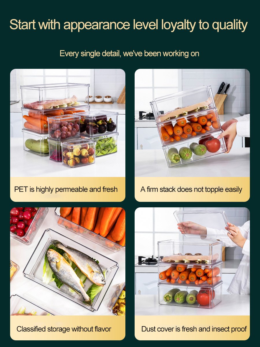Plastic Clear Refrigerator Fruit Food Storage Box Stackable Drawer Box Set Food Preservation Container Kitchen Fridge Organizer