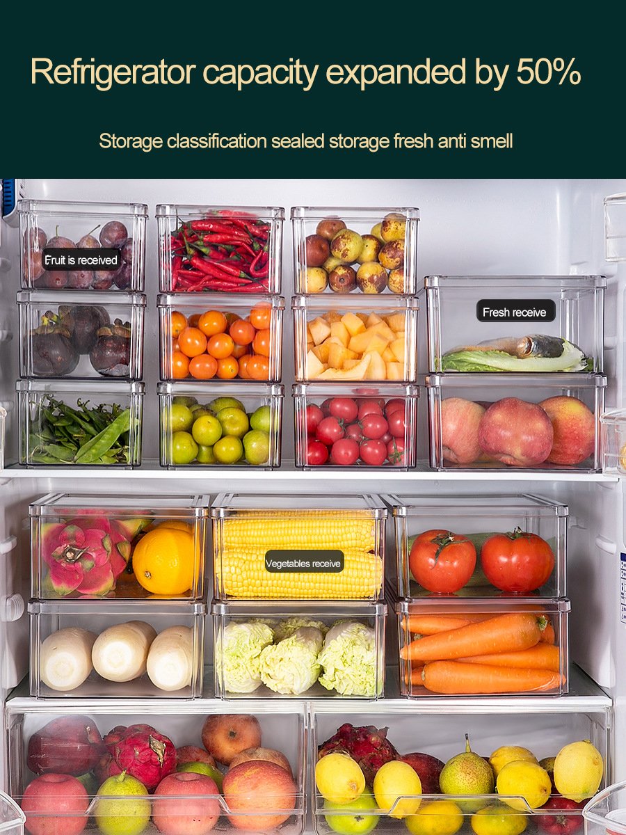 Plastic Clear Refrigerator Fruit Food Storage Box Stackable Drawer Box Set Food Preservation Container Kitchen Fridge Organizer