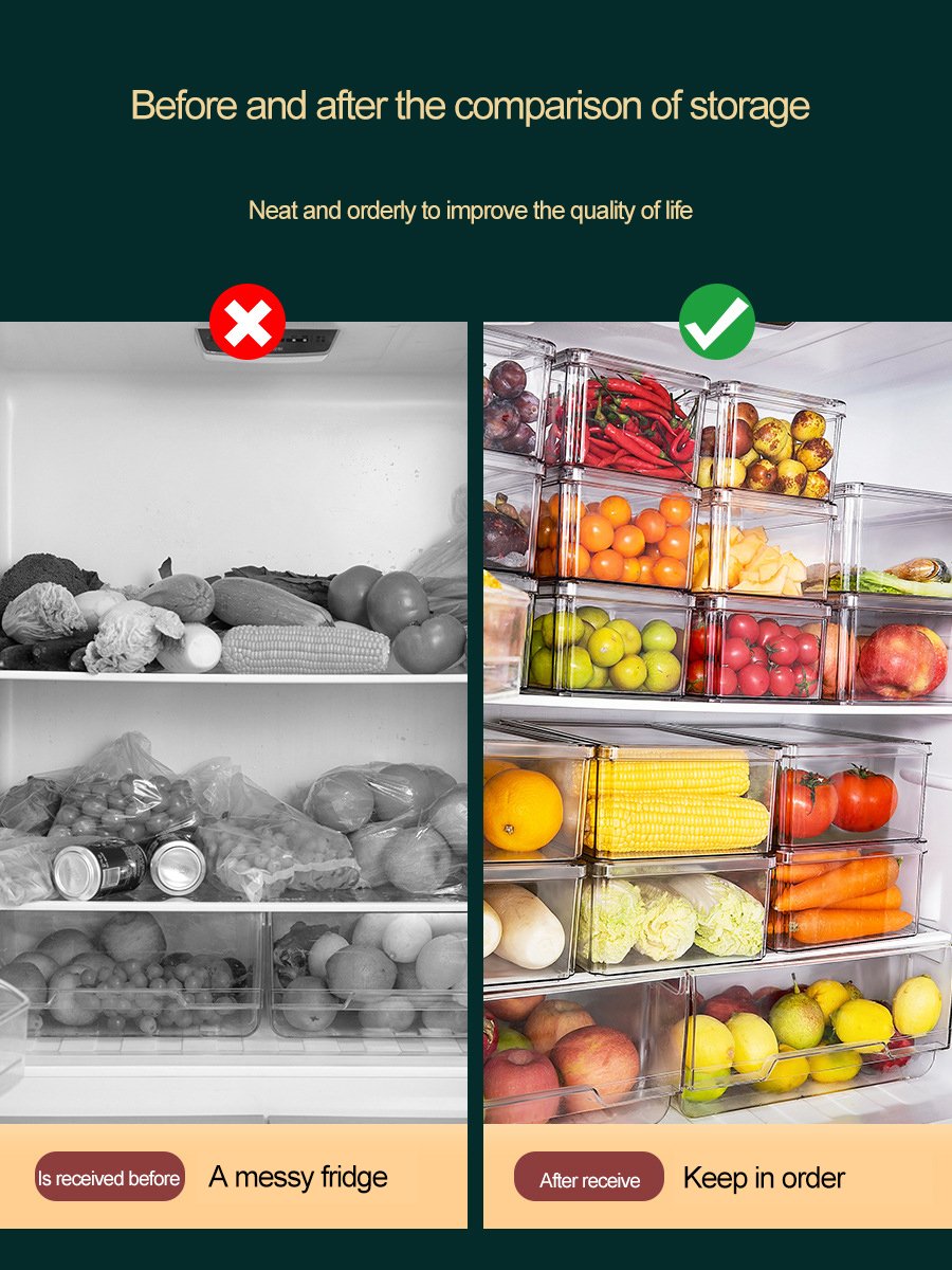 Plastic Clear Refrigerator Fruit Food Storage Box Stackable Drawer Box Set Food Preservation Container Kitchen Fridge Organizer