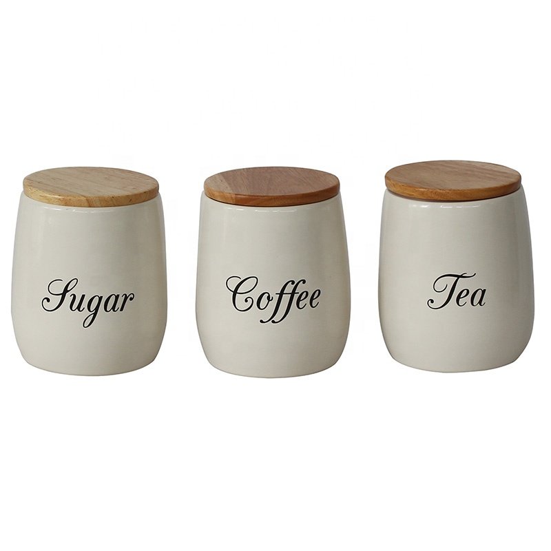 3 pieces white Food storage Containers kitchen tea sugar coffee canisters sets with wood lid