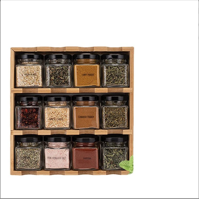 Bamboo wall hanging kitchen 12 glass bottles grid arrangement seasoning storage rack