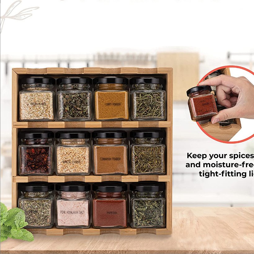 Bamboo wall hanging kitchen 12 glass bottles grid arrangement seasoning storage rack