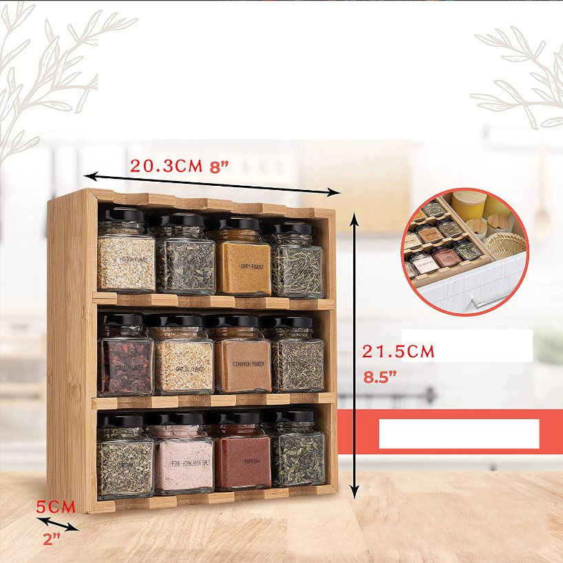 Bamboo wall hanging kitchen 12 glass bottles grid arrangement seasoning storage rack