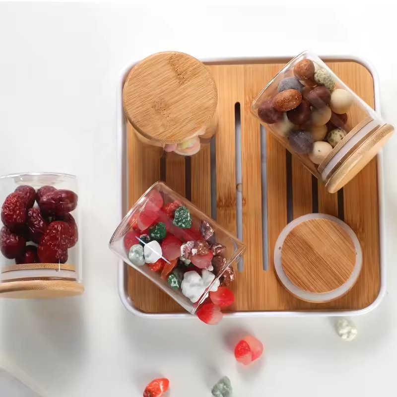 12 Pieces Glass Spice Storage Jars Set with Bamboo Lid Kitchen Sealed Seasoning Bottles Dry Fruit Nut Food Storage Container