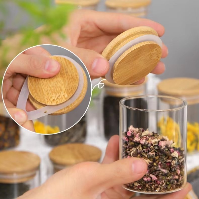 12 Pieces Glass Spice Storage Jars Set with Bamboo Lid Kitchen Sealed Seasoning Bottles Dry Fruit Nut Food Storage Container