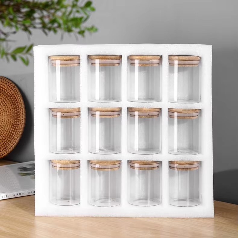 12 Pieces Glass Spice Storage Jars Set with Bamboo Lid Kitchen Sealed Seasoning Bottles Dry Fruit Nut Food Storage Container