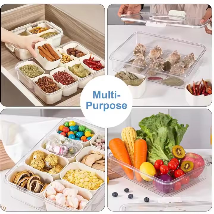 Kitchen Portable Plastic Spice Storage Container Snack Storage Box Snackle Box Clear Divided Serving Tray with Lid and Handle
