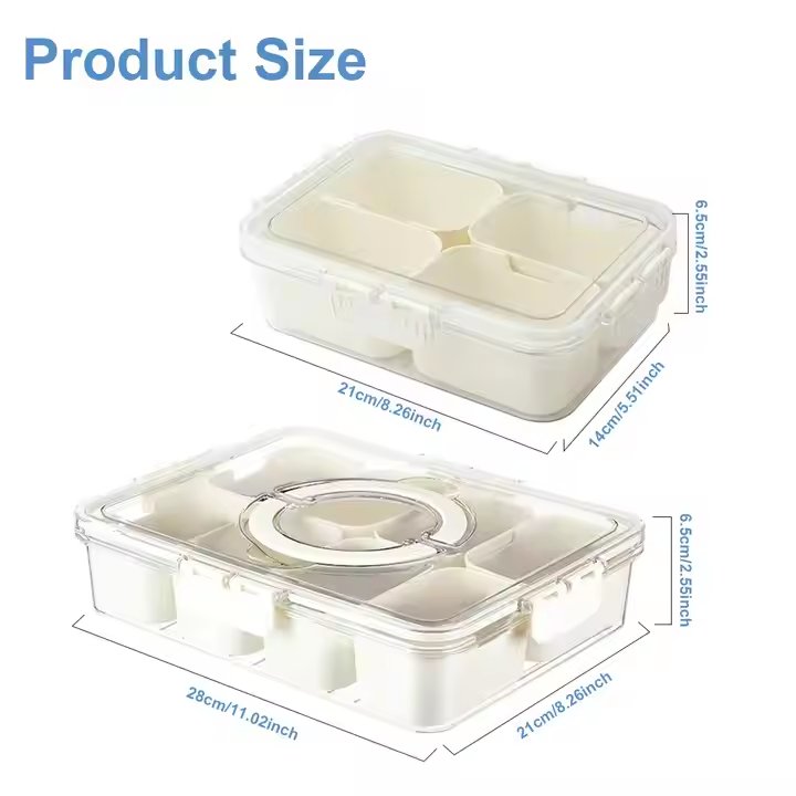 Kitchen Portable Plastic Spice Storage Container Snack Storage Box Snackle Box Clear Divided Serving Tray with Lid and Handle