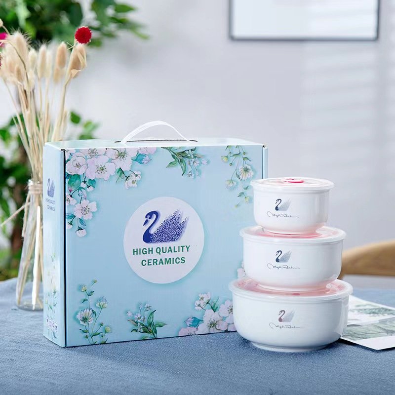 2024 New ceramic fresh-keeping bowl with cover three piece set of instant noodles lunch box sealed large