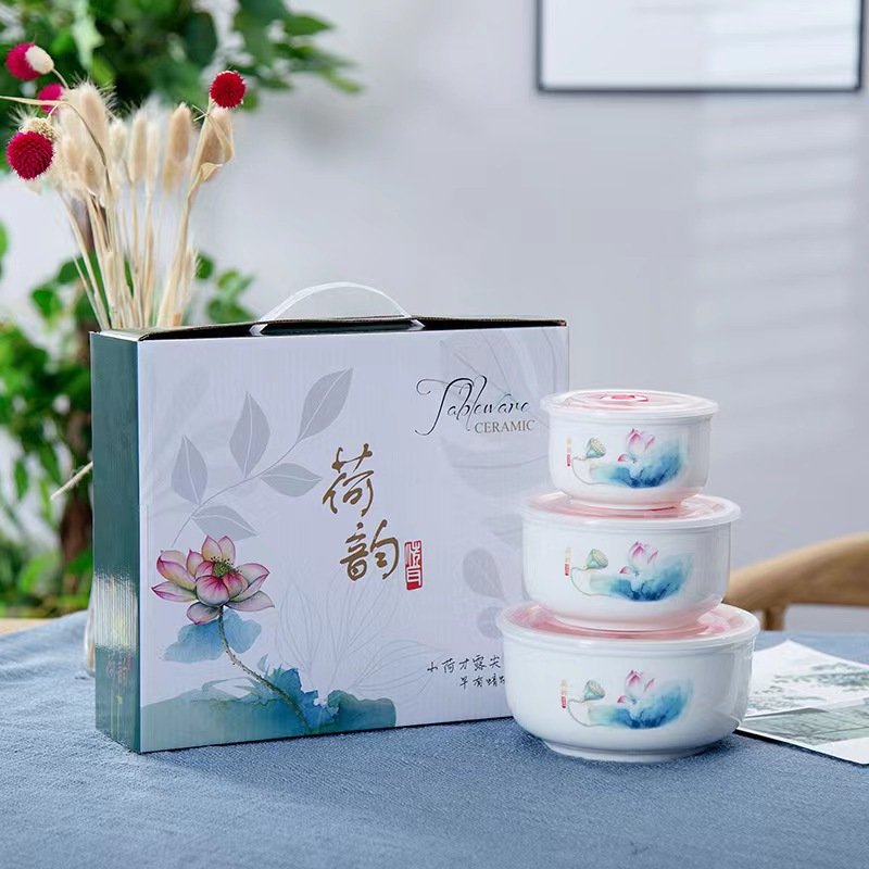 2024 New ceramic fresh-keeping bowl with cover three piece set of instant noodles lunch box sealed large