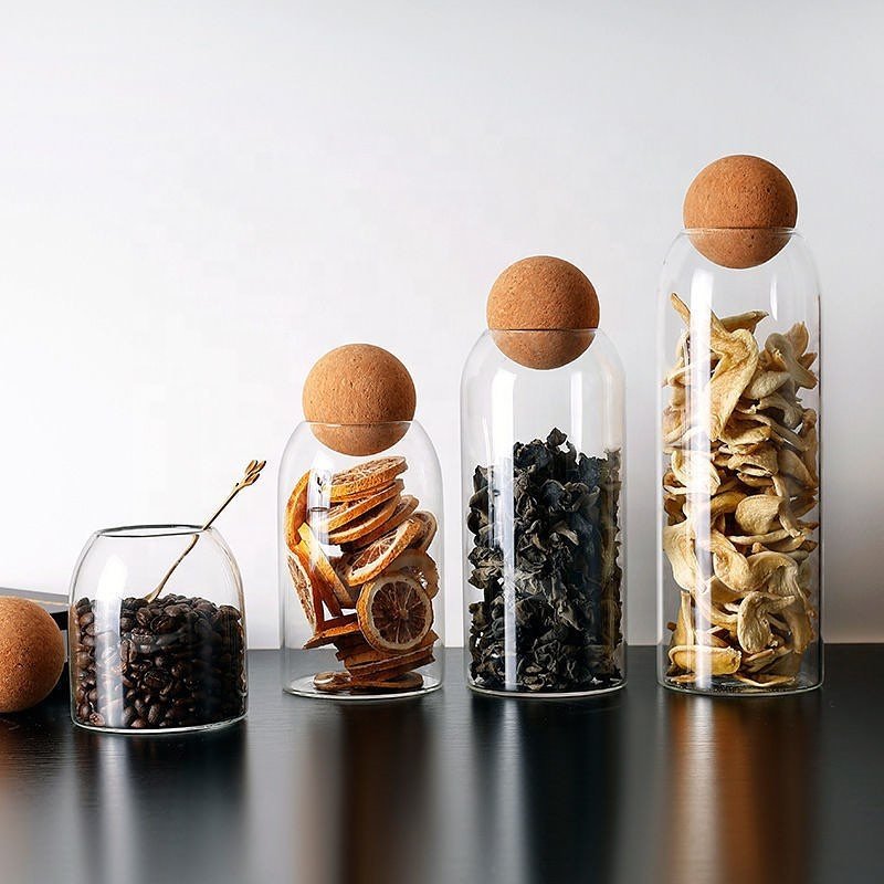 Morden Style Eco-Friendly Clear Glass Canister Food Storage Jar with Bamboo Lid Cork Ball Top Seller Kitchen Accessories