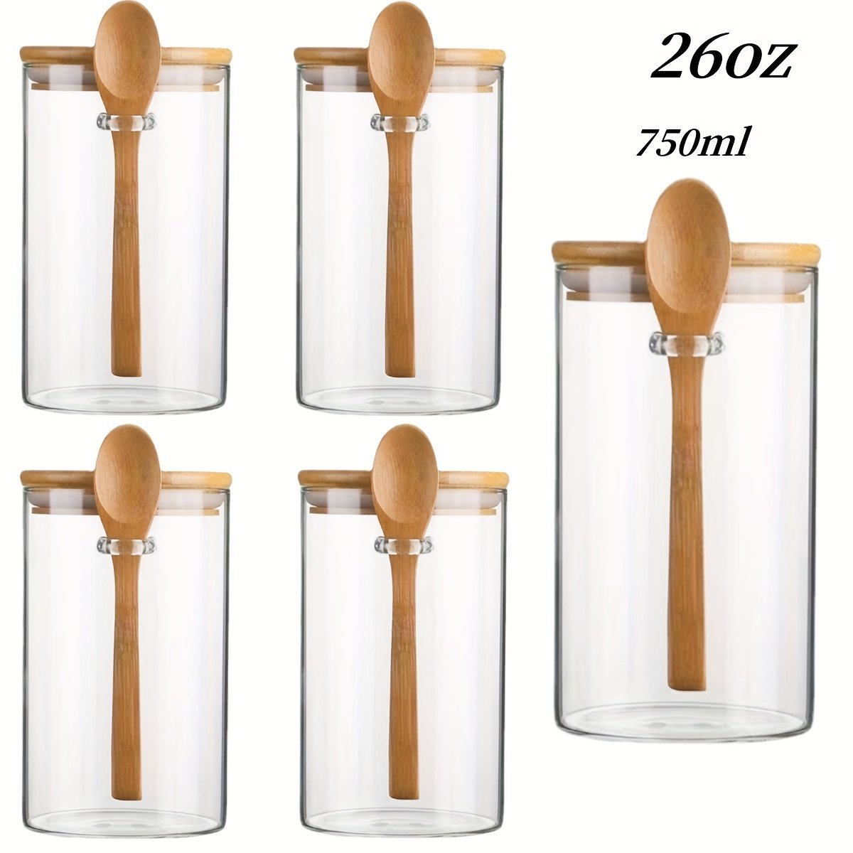 YOLOWE HOME 4pcs 750ml Airtight Condiment Jars with Bamboo Lid Spoon 26oz Clear Glass Bulk Food Storage Jars Kitchen Organizer