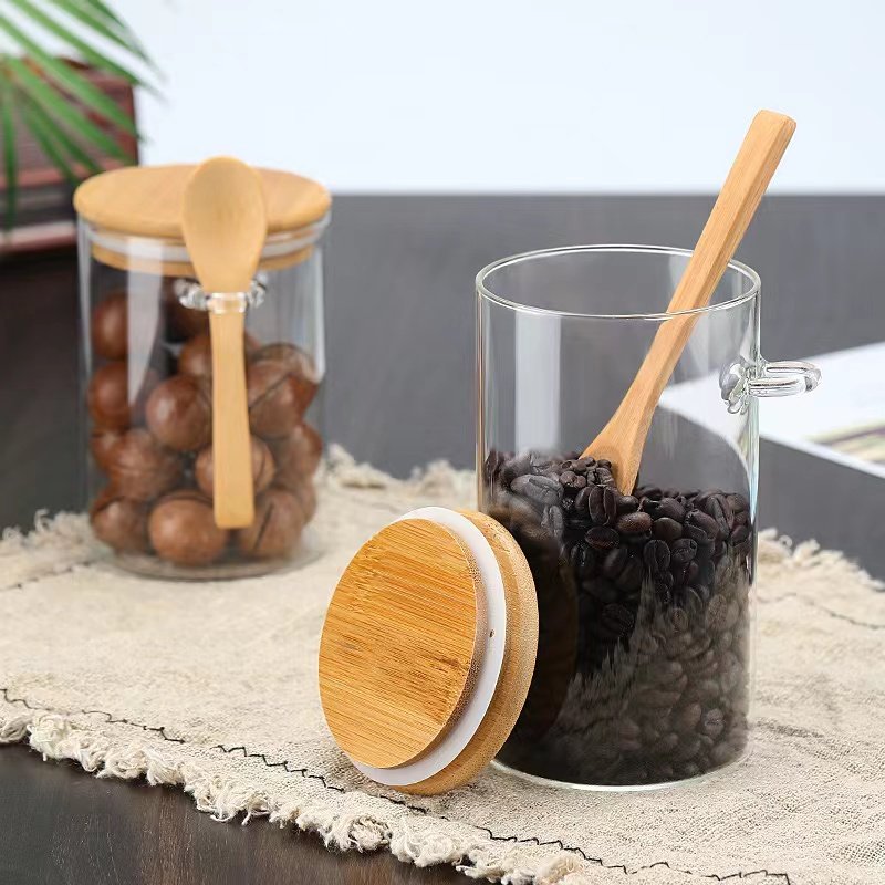 YOLOWE HOME 4pcs 750ml Airtight Condiment Jars with Bamboo Lid Spoon 26oz Clear Glass Bulk Food Storage Jars Kitchen Organizer