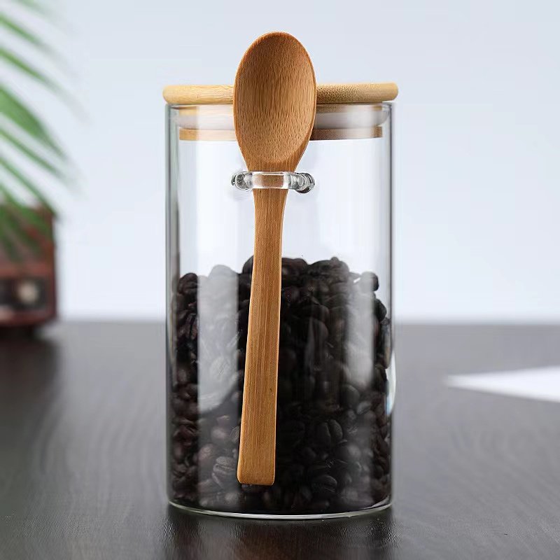 YOLOWE HOME 4pcs 750ml Airtight Condiment Jars with Bamboo Lid Spoon 26oz Clear Glass Bulk Food Storage Jars Kitchen Organizer