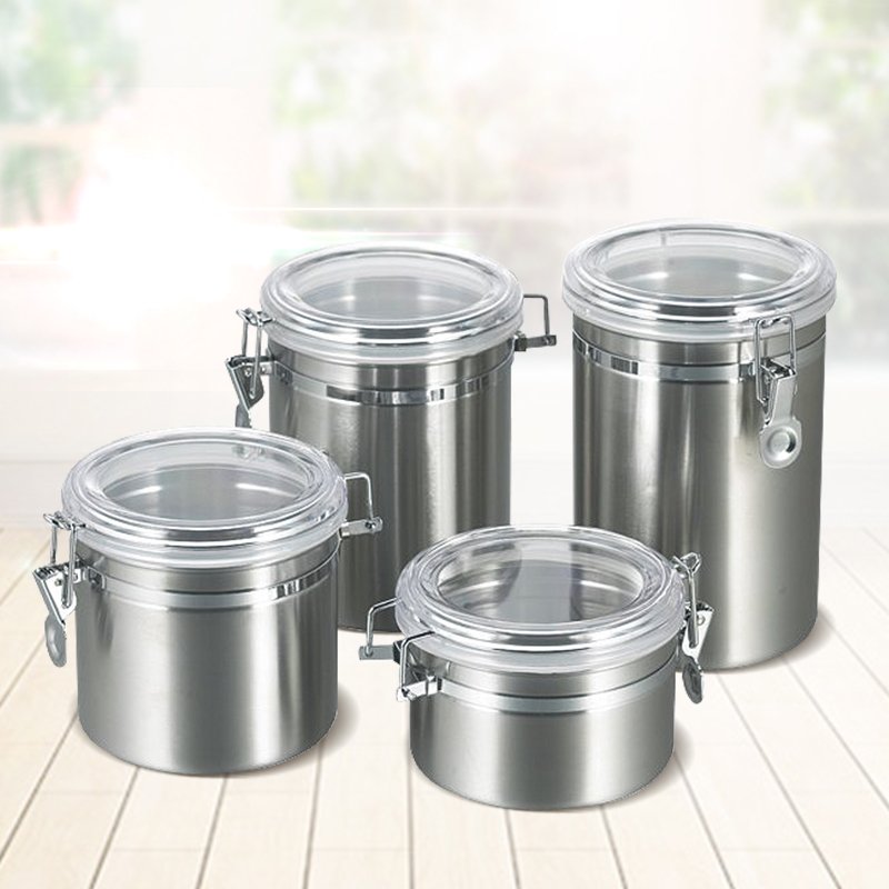 4pcs Food Sealed Airtight Round Kitchen Stainless Steel Coffee Sugar Tea Bottles Seasoning Jar Food Storage Canister Jar