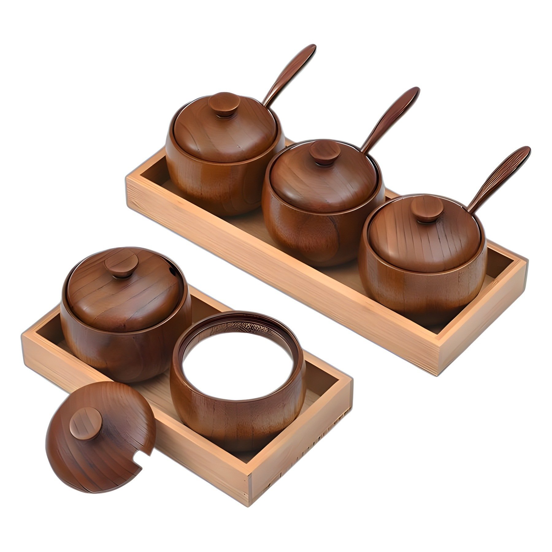 Kitchen Food Storage Wooden Spice Box Seasoning Jar with Spoon for Hot Pot Seasoning Set