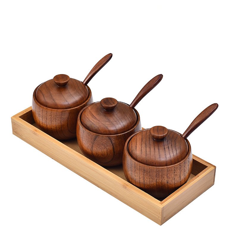 Kitchen Food Storage Wooden Spice Box Seasoning Jar with Spoon for Hot Pot Seasoning Set