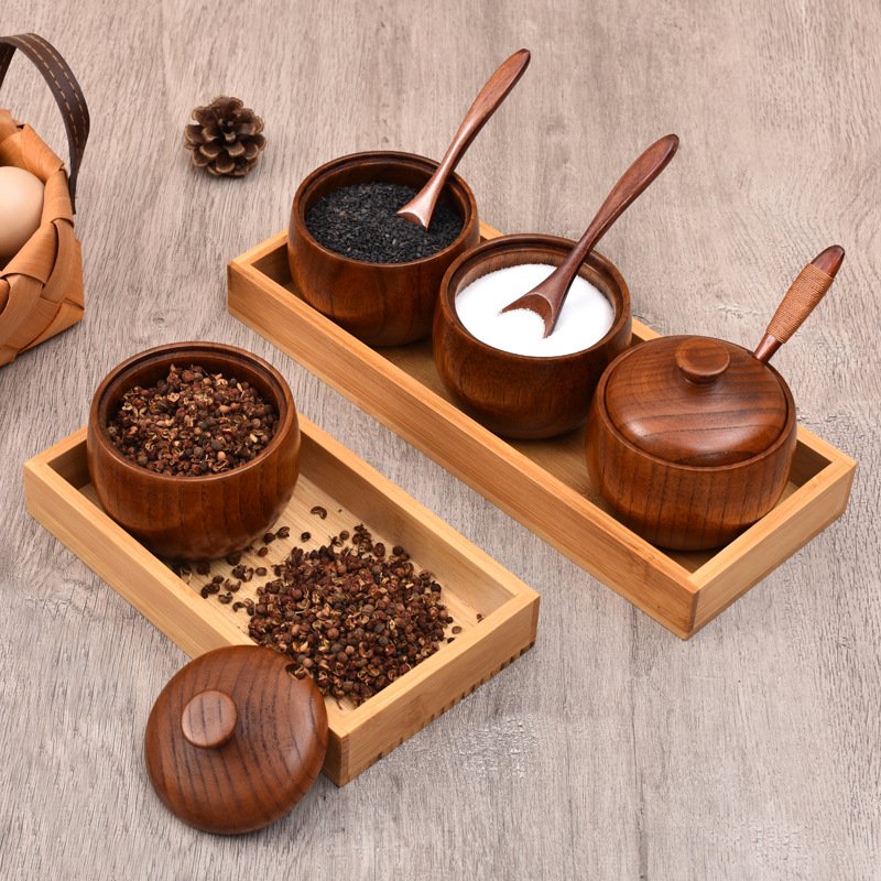 Kitchen Food Storage Wooden Spice Box Seasoning Jar with Spoon for Hot Pot Seasoning Set
