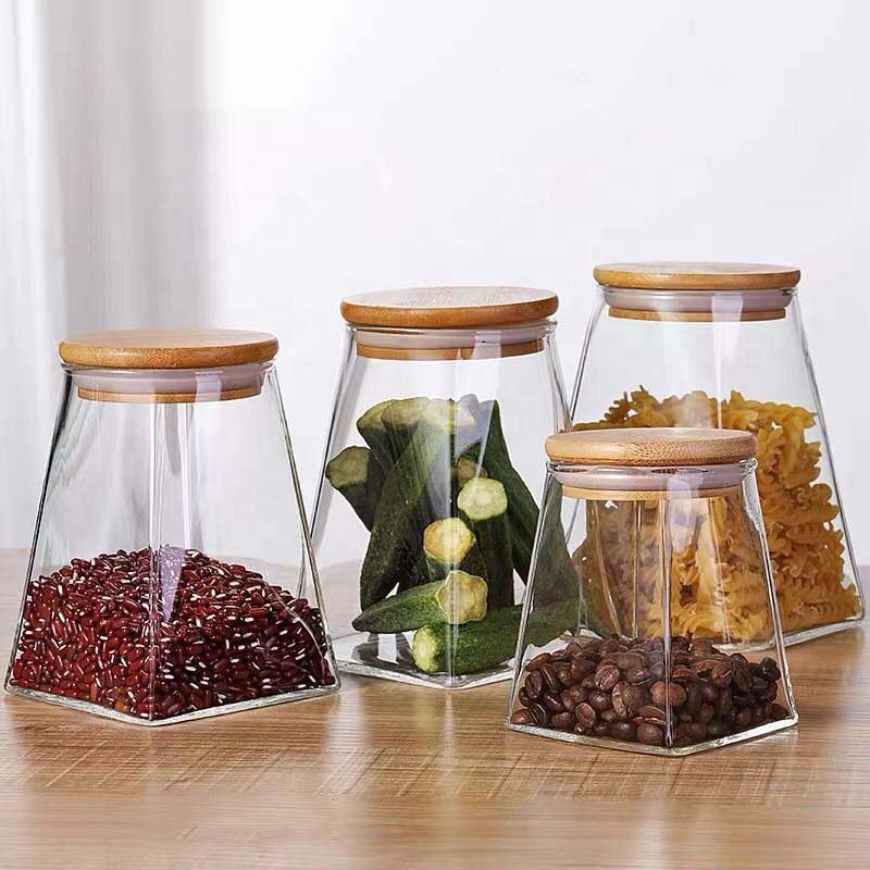 Airtight Glass Canister Food Storage Containers with Bamboo Lids Kitchen Storage Jar Sugar Candy Snack Canister Spice Bottle