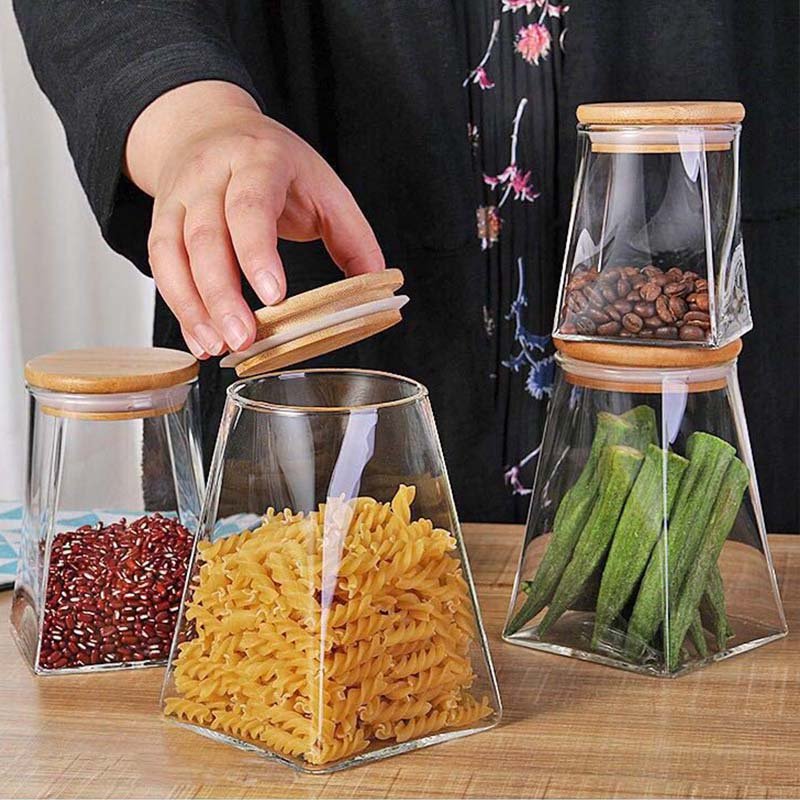 Airtight Glass Canister Food Storage Containers with Bamboo Lids Kitchen Storage Jar Sugar Candy Snack Canister Spice Bottle