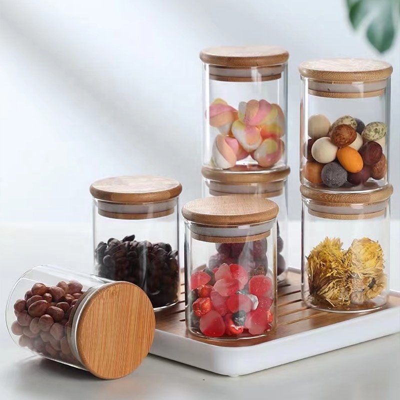 Wholesale 250ml Small Glass Canister Kitchen Food Storage Jar with Bamboo Lid Sealed Glass Storage Tank for Sugar Spice